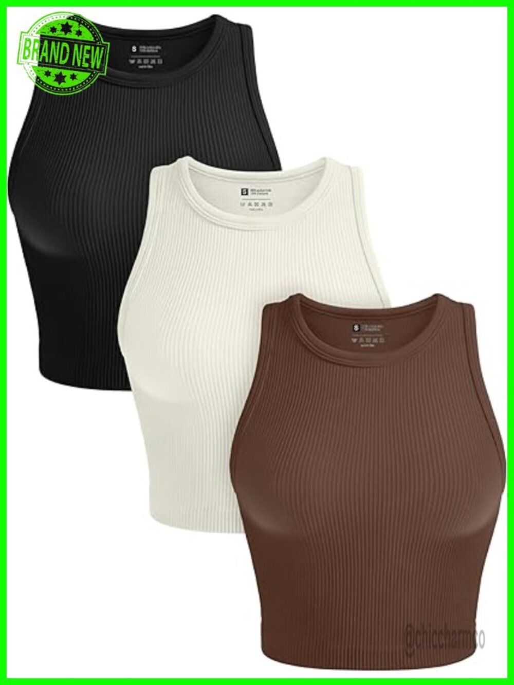 3 Pack Seamless Ribbed High Neck Racerback Crop Tank Tops for Yoga Gym